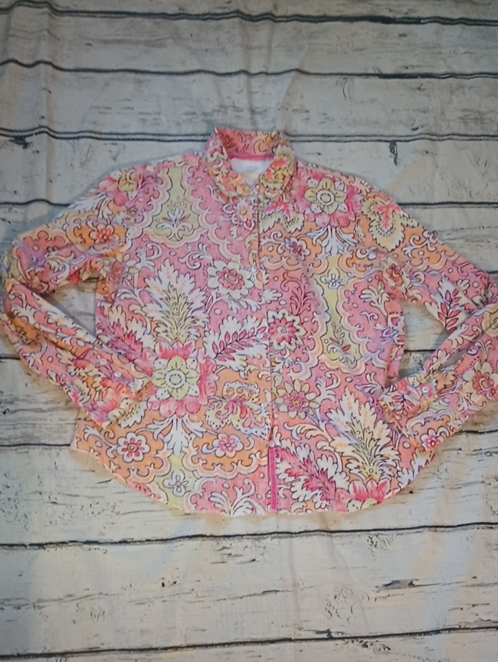 Cino Pink Orange Floral Print Long Sleeve Cotton Button Down Shirt L